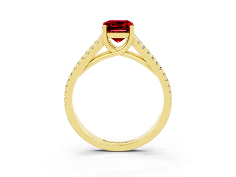 Yellow gold Emerald Cut Ruby Solitaire Engagement Ring with Split Shank Pavé Band_3