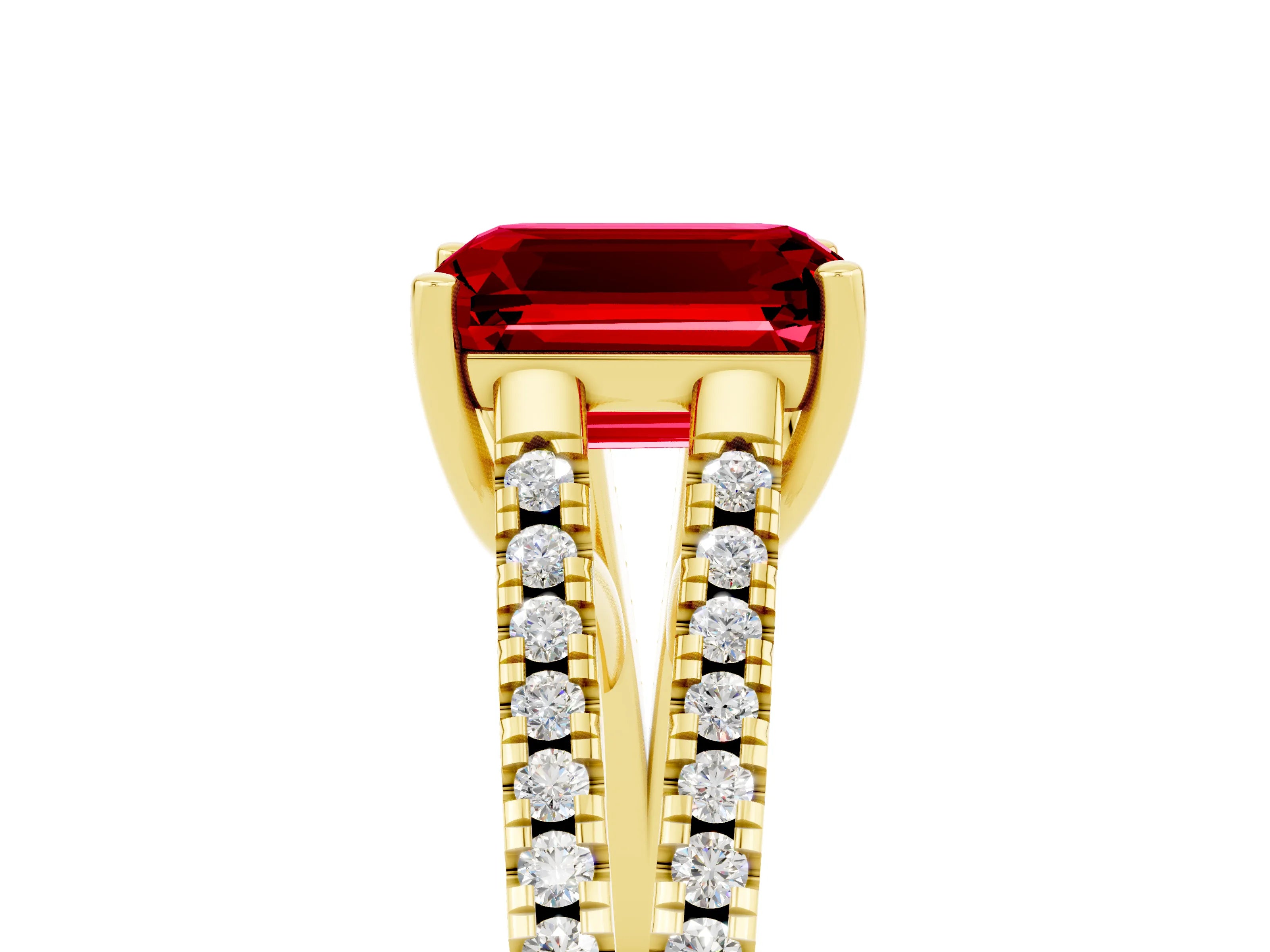 Yellow gold Emerald Cut Ruby Solitaire Engagement Ring with Split Shank Pavé Band_5