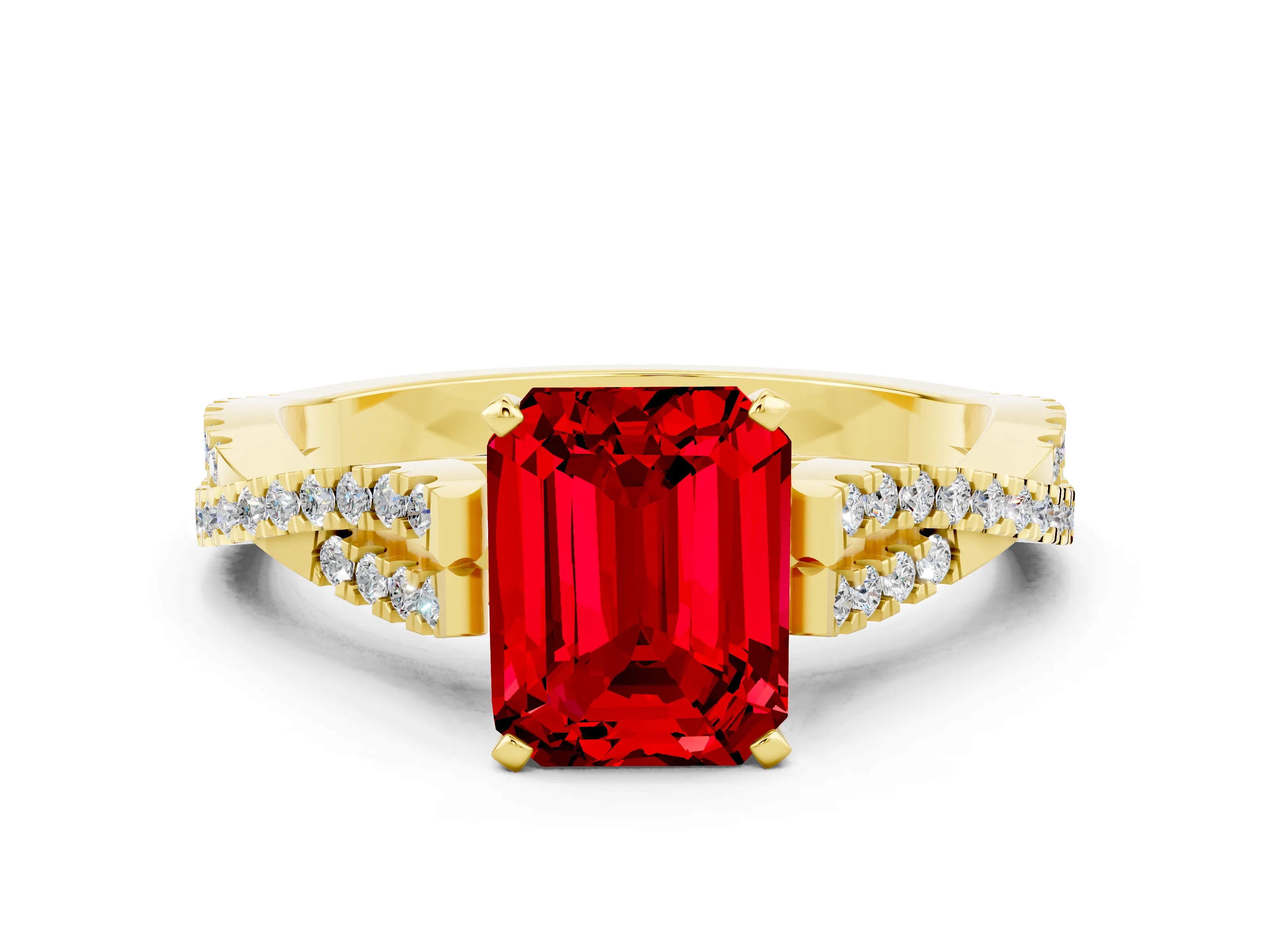 Yellow gold Emerald Cut Ruby Solitaire Engagement Ring with Twisted Pavé Band and Four-Prong Setting