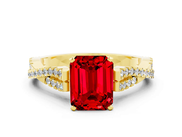 Yellow gold Emerald Cut Ruby Solitaire Engagement Ring with Twisted Pavé Band and Four-Prong Setting