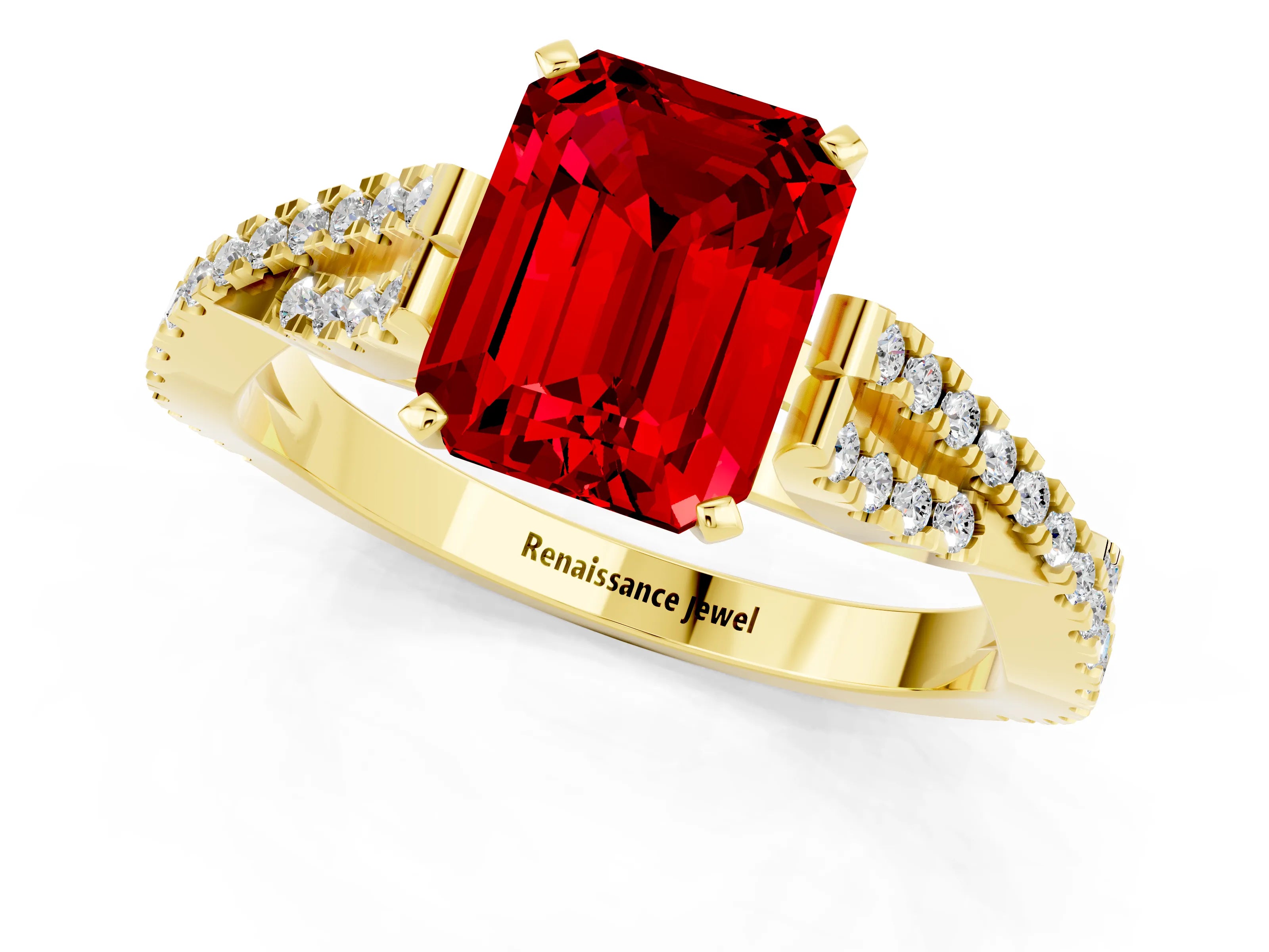 Yellow gold Emerald Cut Ruby Solitaire Engagement Ring with Twisted Pavé Band and Four-Prong Setting_1