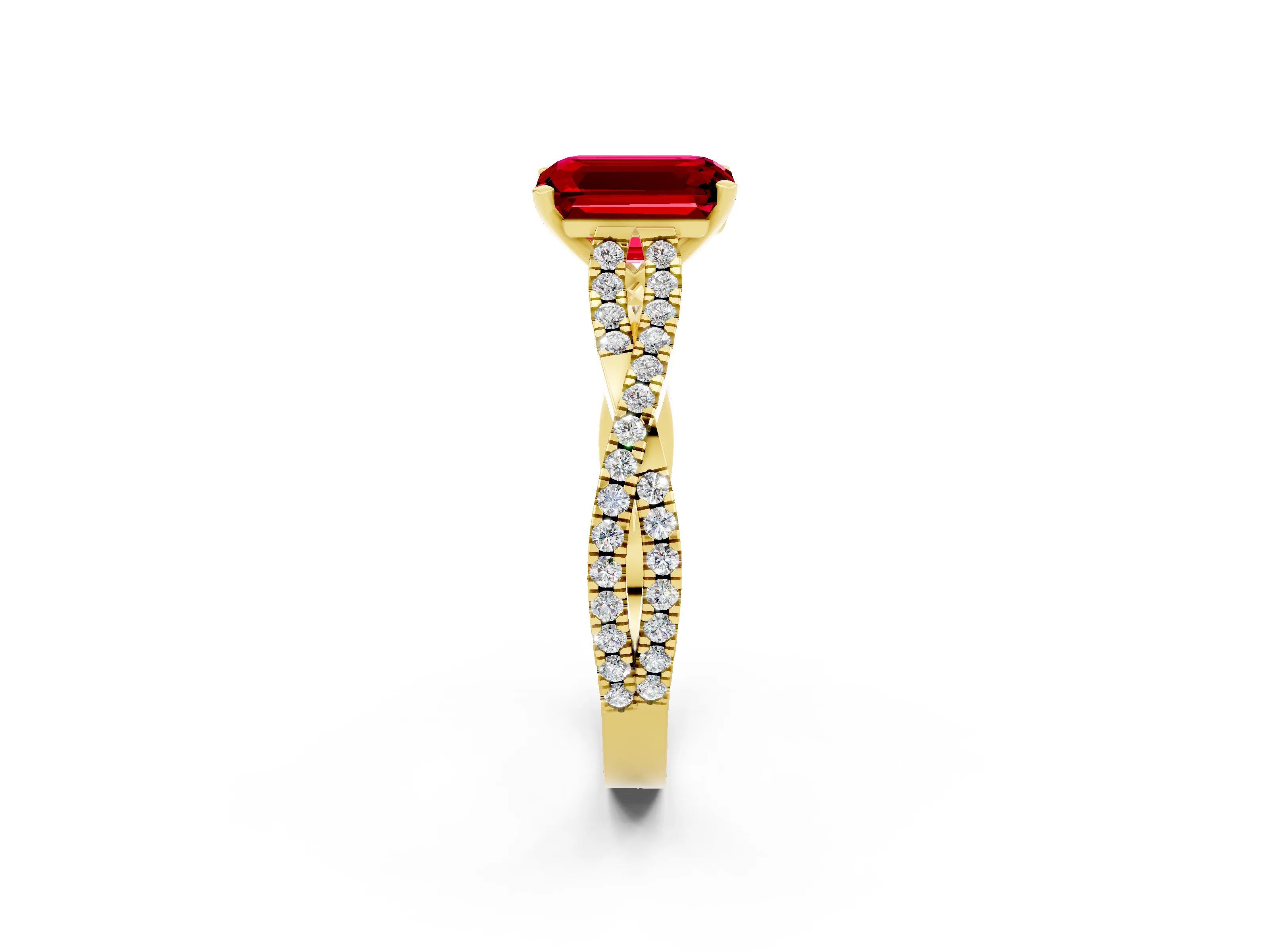 Yellow gold Emerald Cut Ruby Solitaire Engagement Ring with Twisted Pavé Band and Four-Prong Setting_2