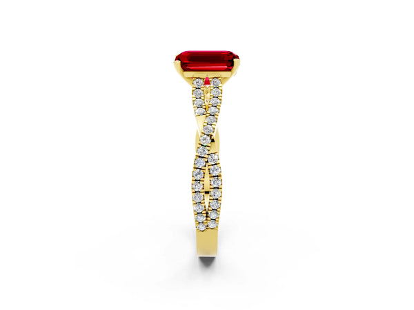 Yellow gold Emerald Cut Ruby Solitaire Engagement Ring with Twisted Pavé Band and Four-Prong Setting