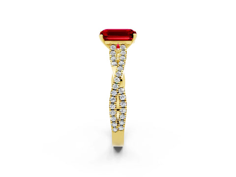 Yellow gold Emerald Cut Ruby Solitaire Engagement Ring with Twisted Pavé Band and Four-Prong Setting_2