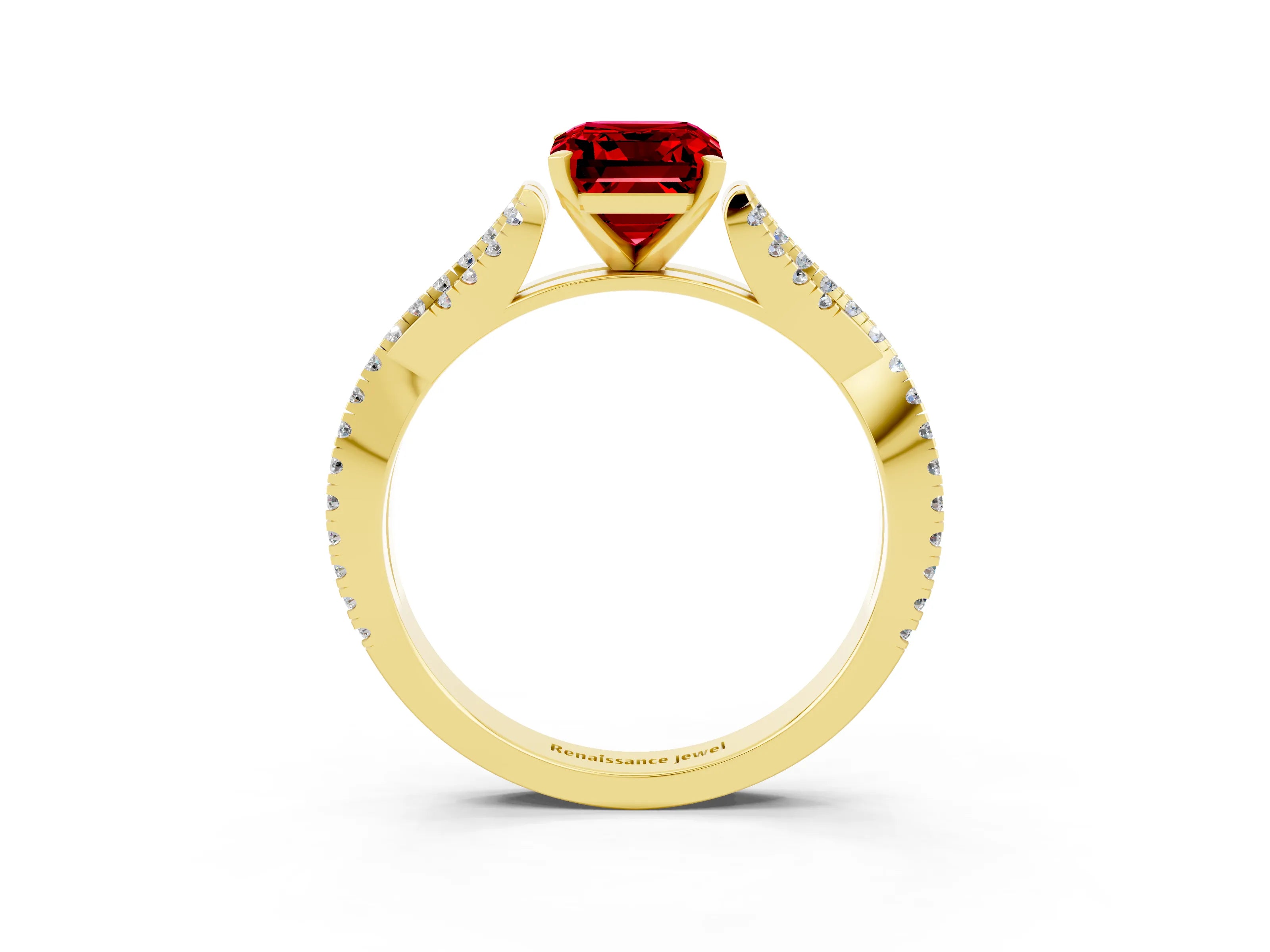 Yellow gold Emerald Cut Ruby Solitaire Engagement Ring with Twisted Pavé Band and Four-Prong Setting_3