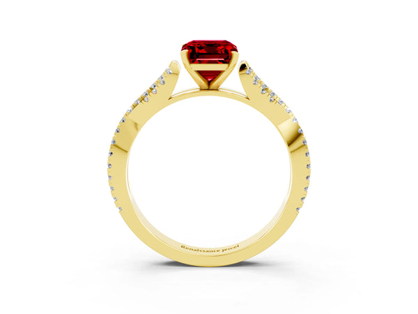 Yellow gold Emerald Cut Ruby Solitaire Engagement Ring with Twisted Pavé Band and Four-Prong Setting