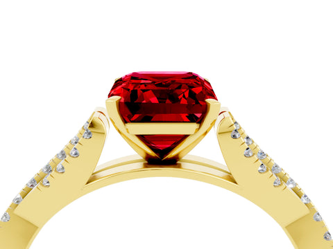 Yellow gold Emerald Cut Ruby Solitaire Engagement Ring with Twisted Pavé Band and Four-Prong Setting_4