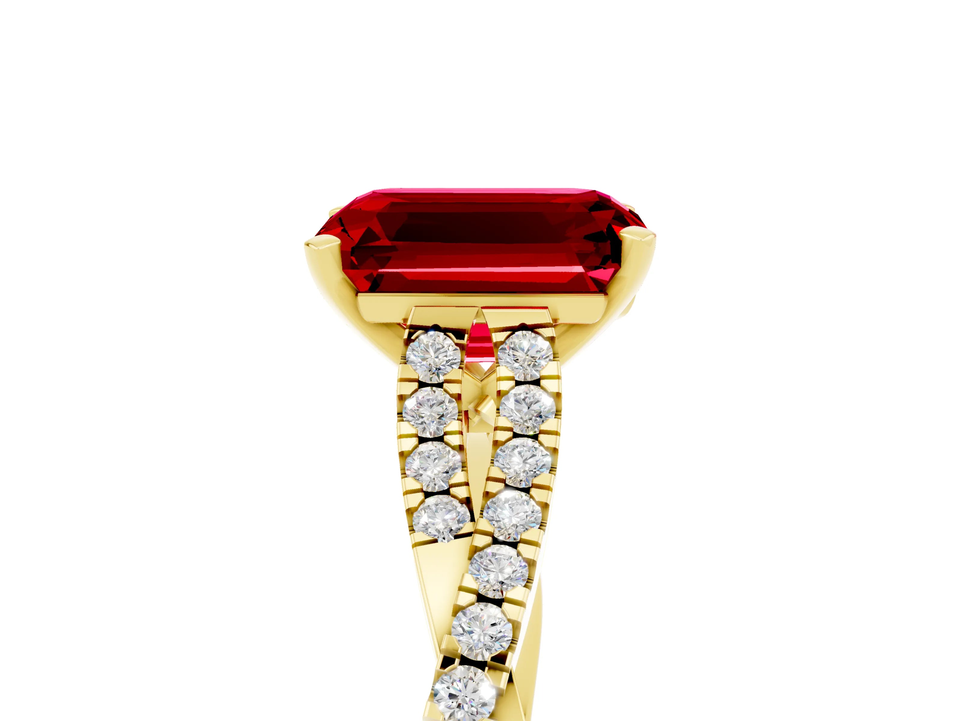 Yellow gold Emerald Cut Ruby Solitaire Engagement Ring with Twisted Pavé Band and Four-Prong Setting_5