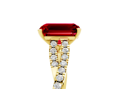 Yellow gold Emerald Cut Ruby Solitaire Engagement Ring with Twisted Pavé Band and Four-Prong Setting_5