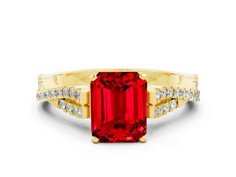 Yellow gold Emerald Cut Ruby Solitaire Engagement Ring with Twisted Pavé Band and Four-Prong Setting