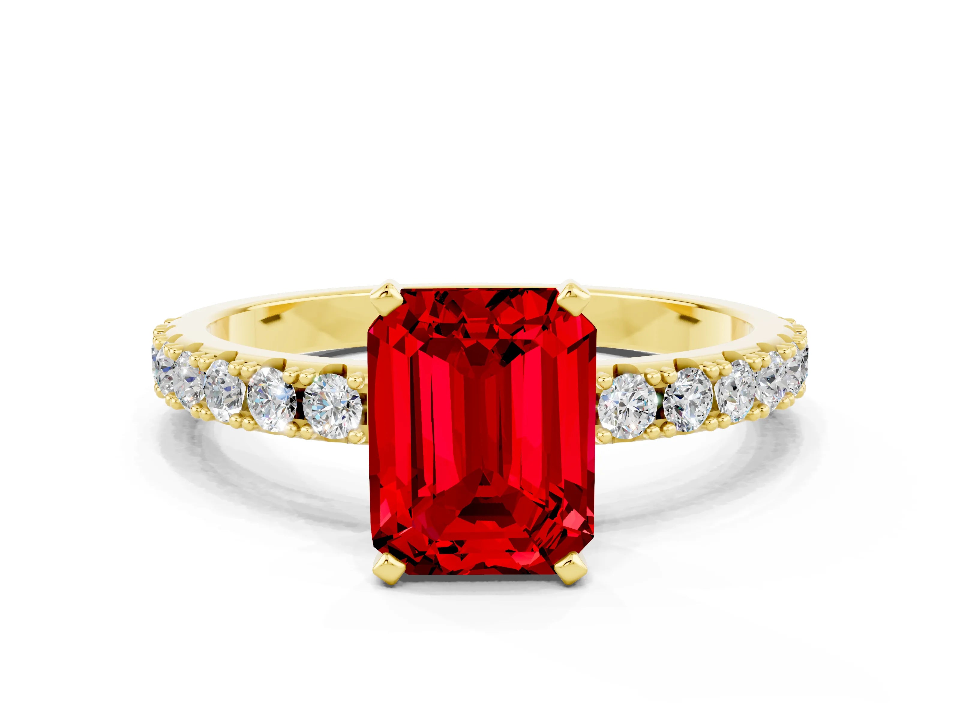 Yellow gold Emerald Cut Ruby Solitaire Pavé Band with Four-Prong Setting
