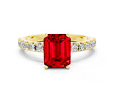 Yellow gold Emerald Cut Ruby Solitaire Pavé Band with Four-Prong Setting