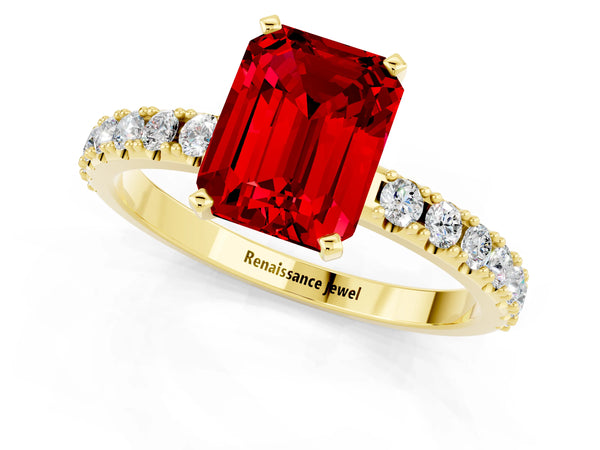Yellow gold Emerald Cut Ruby Solitaire Pavé Band with Four-Prong Setting