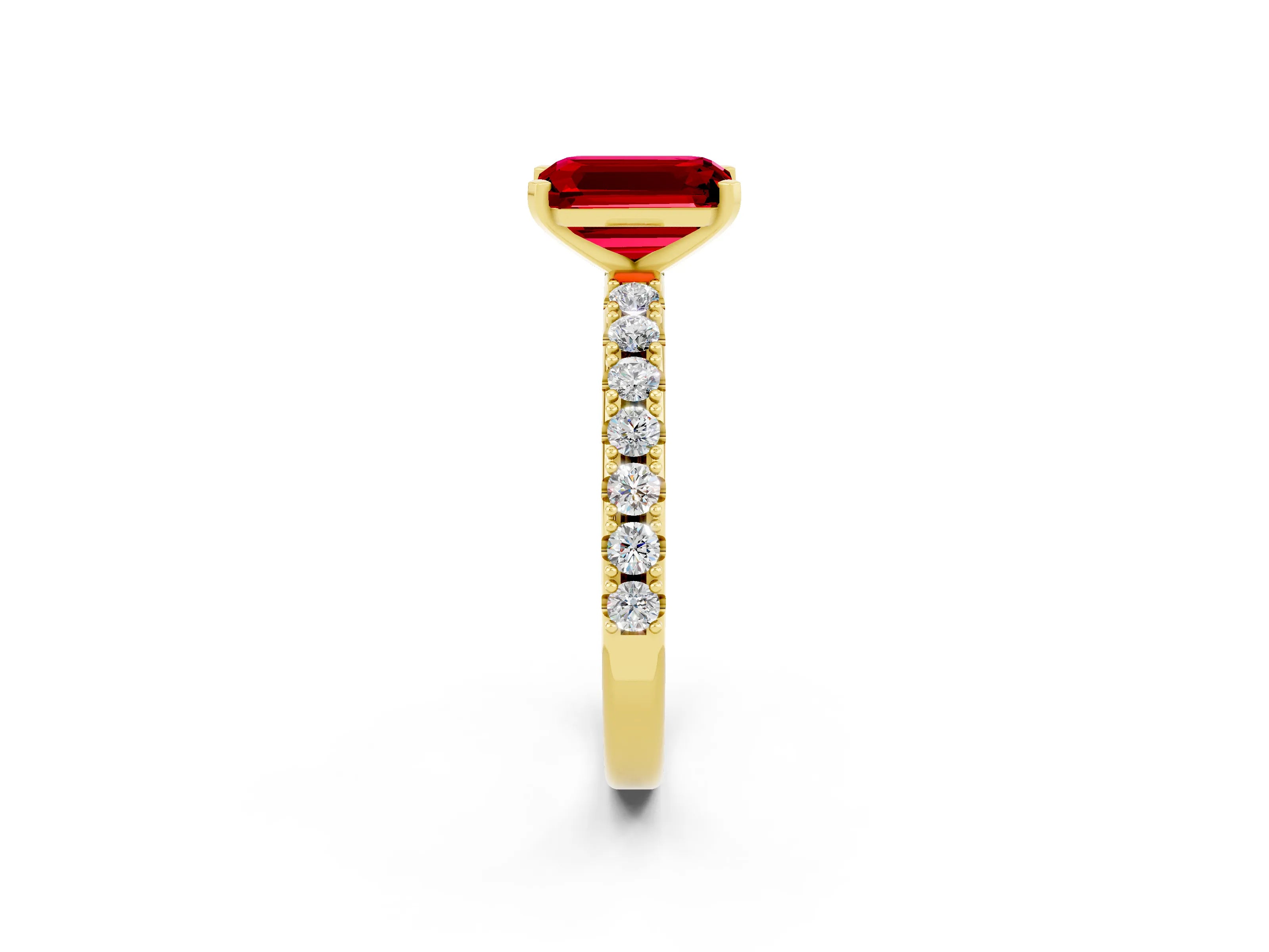 Yellow gold Emerald Cut Ruby Solitaire Pavé Band with Four-Prong Setting_2
