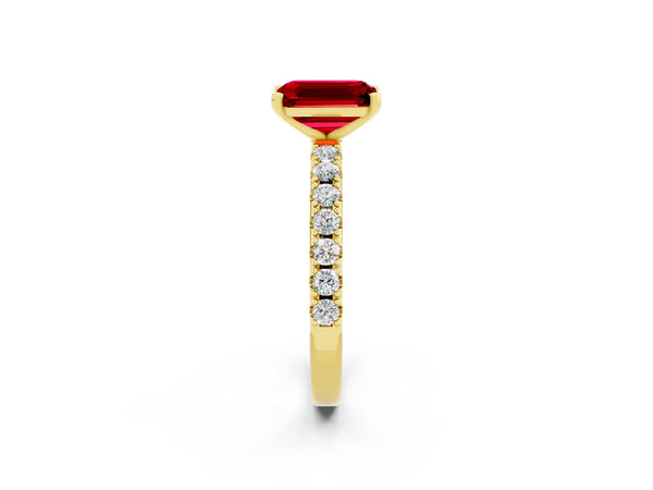 Yellow gold Emerald Cut Ruby Solitaire Pavé Band with Four-Prong Setting