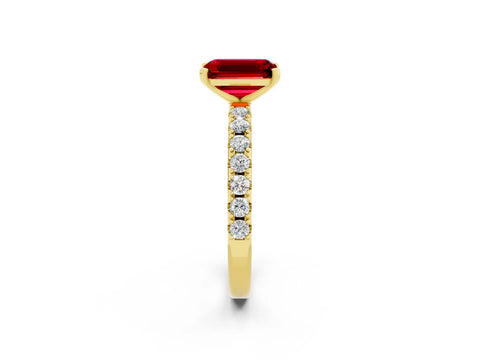 Yellow gold Emerald Cut Ruby Solitaire Pavé Band with Four-Prong Setting_2
