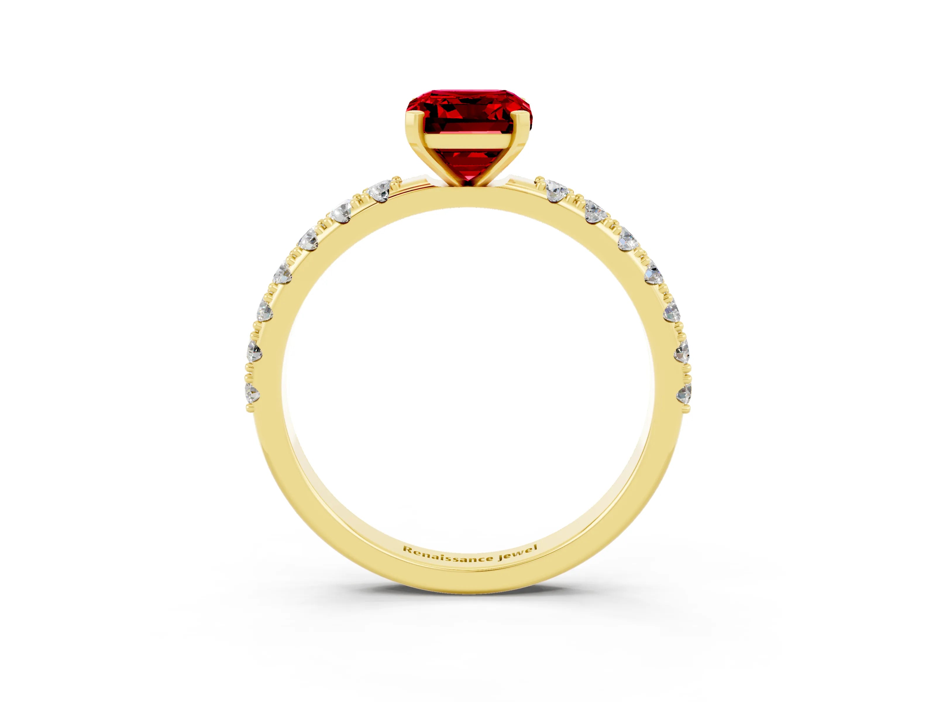 Yellow gold Emerald Cut Ruby Solitaire Pavé Band with Four-Prong Setting_3