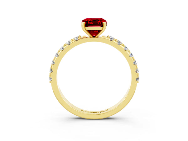 Yellow gold Emerald Cut Ruby Solitaire Pavé Band with Four-Prong Setting