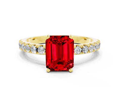 Yellow gold Emerald Cut Ruby Solitaire Pavé Band with Four-Prong Setting