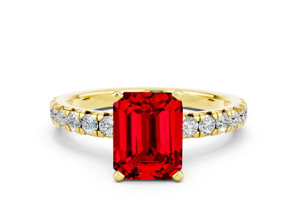 Yellow gold Emerald Cut Ruby Solitaire Pavé Engagement Ring with Round Band and Prong Setting