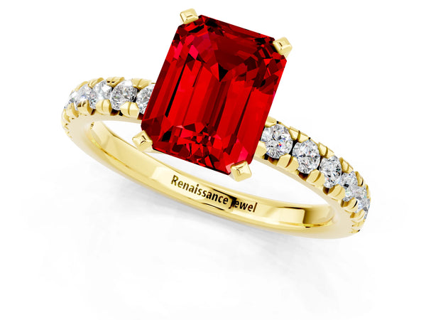 Yellow gold Emerald Cut Ruby Solitaire Pavé Engagement Ring with Round Band and Prong Setting