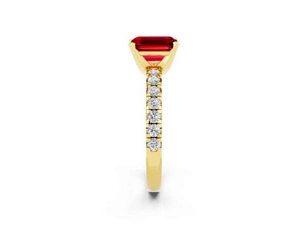 Yellow gold Emerald Cut Ruby Solitaire Pavé Engagement Ring with Round Band and Prong Setting