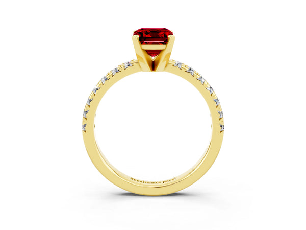 Yellow gold Emerald Cut Ruby Solitaire Pavé Engagement Ring with Round Band and Prong Setting