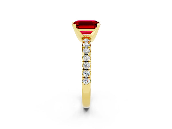 Yellow gold Emerald Cut Ruby Solitaire Pavé Engagement Ring with Round Band and Prong Setting