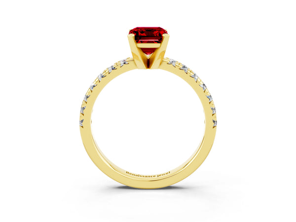 Yellow gold Emerald Cut Ruby Solitaire Pavé Engagement Ring with Round Band and Prong Setting