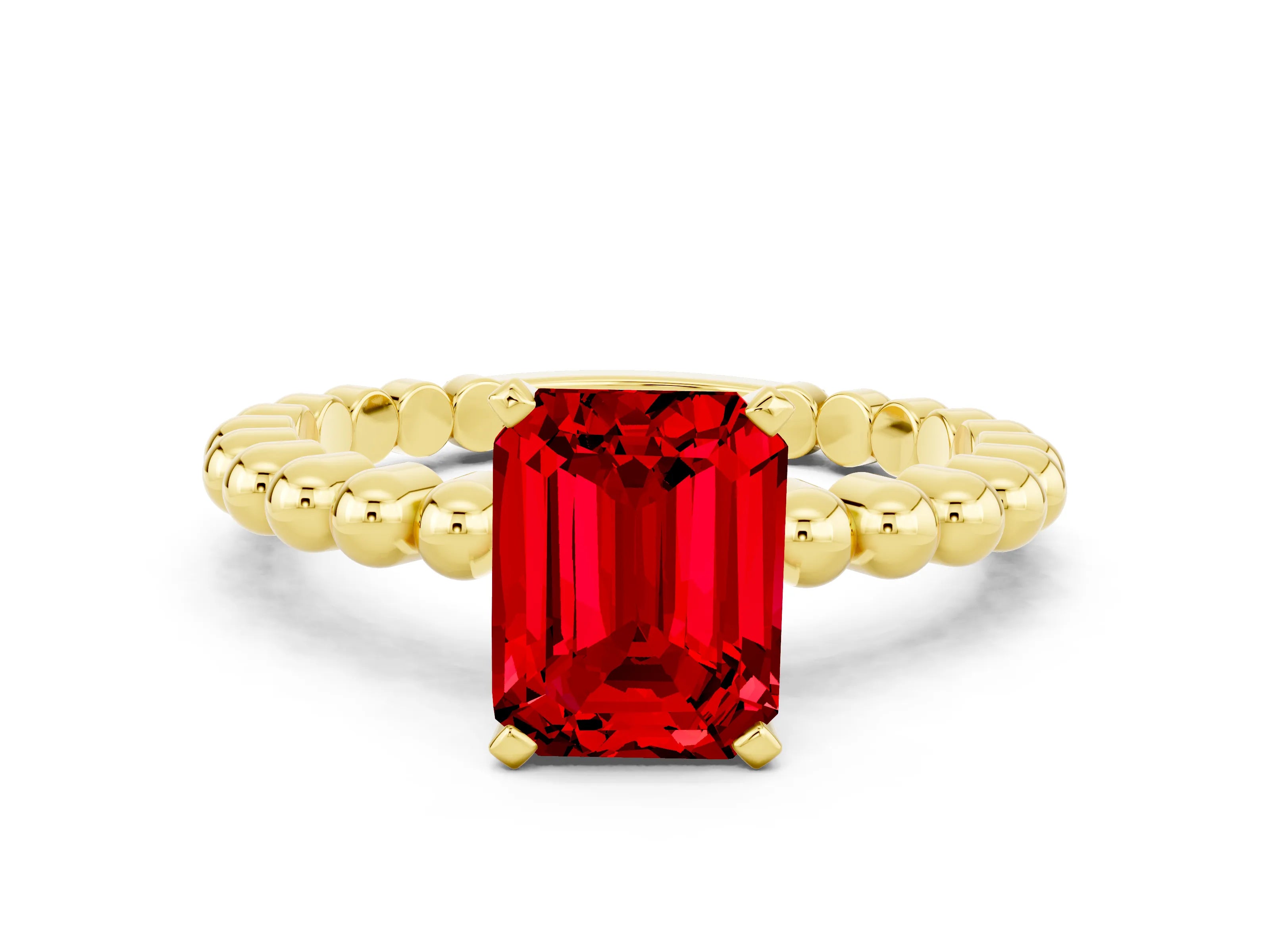 Yellow gold Emerald Cut Ruby Solitaire Ring with Beaded Band and Prong Setting