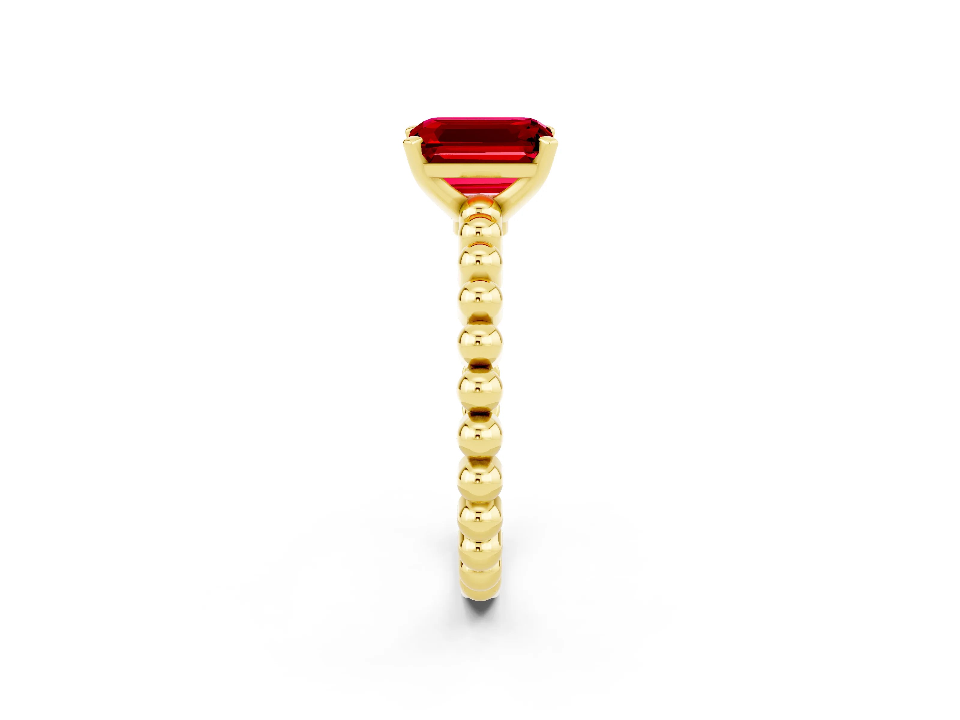 Yellow gold Emerald Cut Ruby Solitaire Ring with Beaded Band and Prong Setting_2
