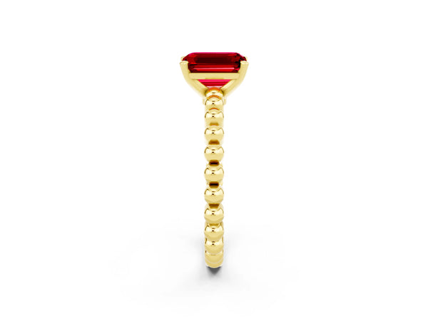 Yellow gold Emerald Cut Ruby Solitaire Ring with Beaded Band and Prong Setting