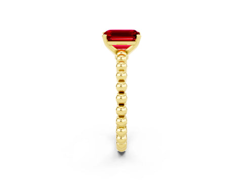 Yellow gold Emerald Cut Ruby Solitaire Ring with Beaded Band and Prong Setting_2
