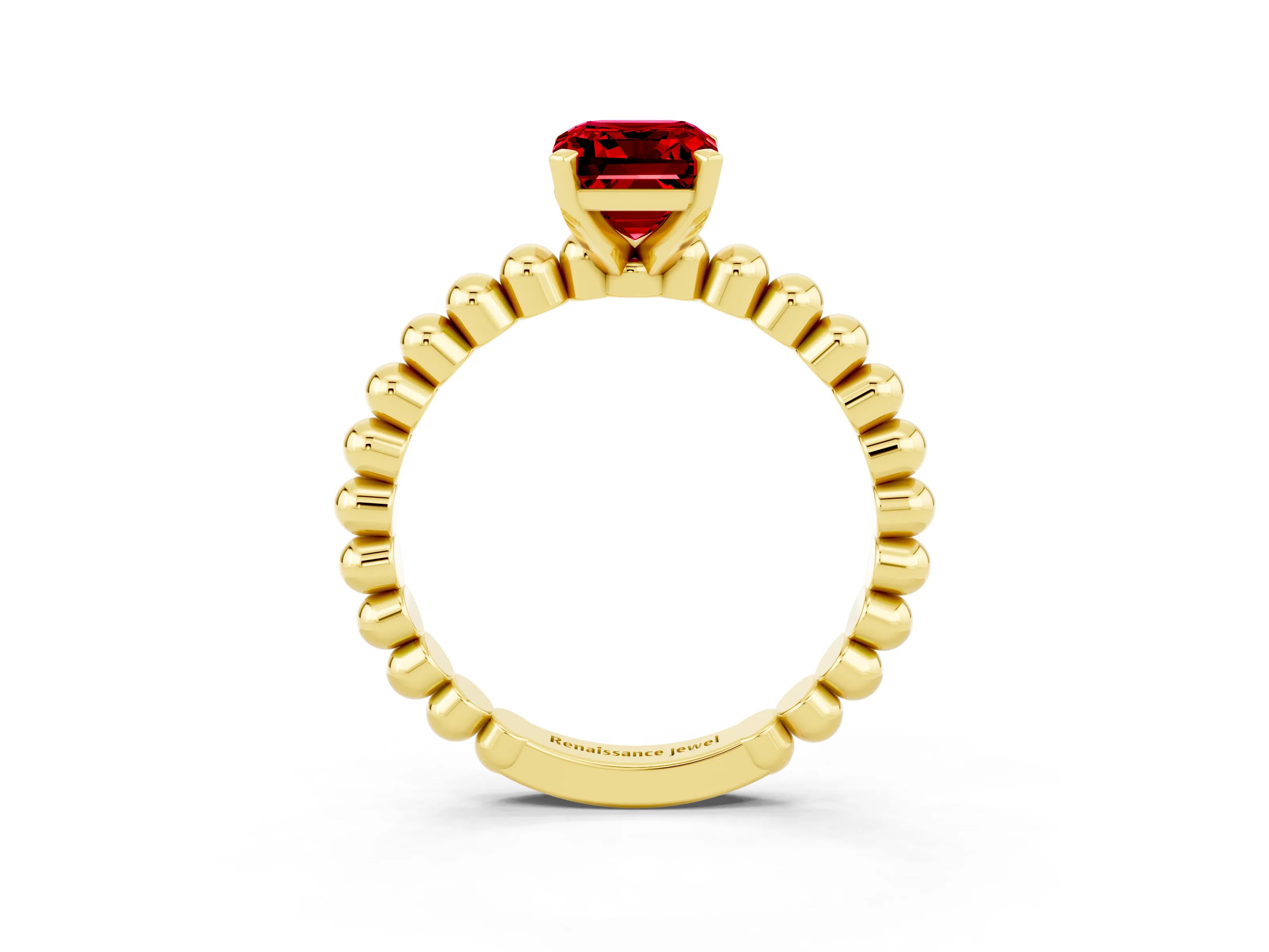 Yellow gold Emerald Cut Ruby Solitaire Ring with Beaded Band and Prong Setting_3