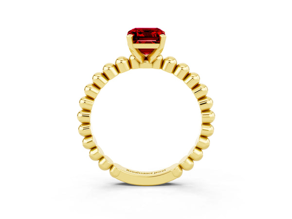 Yellow gold Emerald Cut Ruby Solitaire Ring with Beaded Band and Prong Setting
