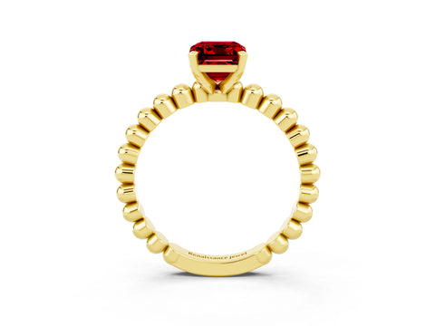 Yellow gold Emerald Cut Ruby Solitaire Ring with Beaded Band and Prong Setting_3