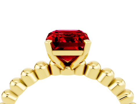 Yellow gold Emerald Cut Ruby Solitaire Ring with Beaded Band and Prong Setting_4