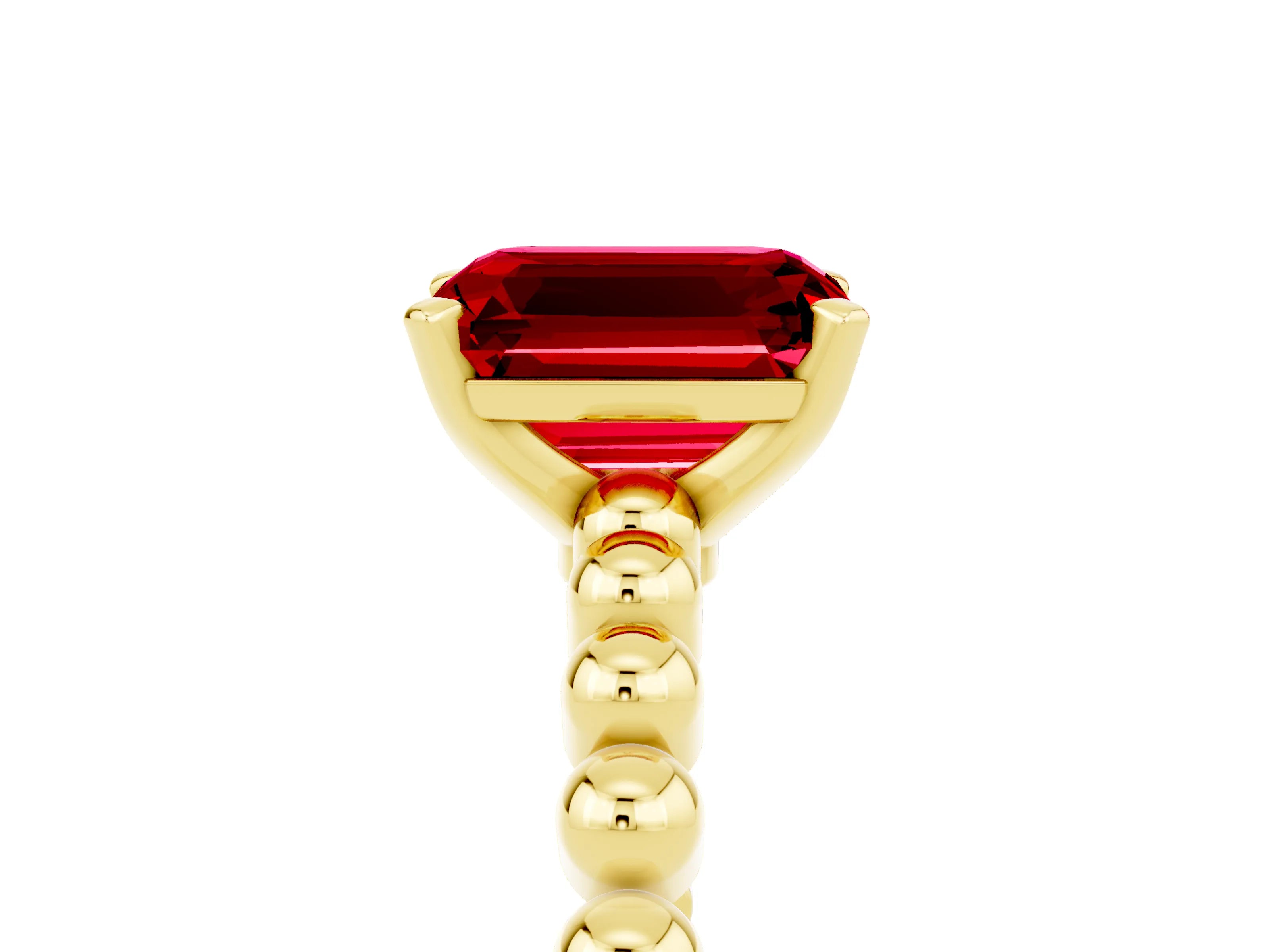 Yellow gold Emerald Cut Ruby Solitaire Ring with Beaded Band and Prong Setting_5