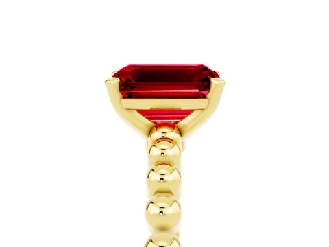 Yellow gold Emerald Cut Ruby Solitaire Ring with Beaded Band and Prong Setting_5