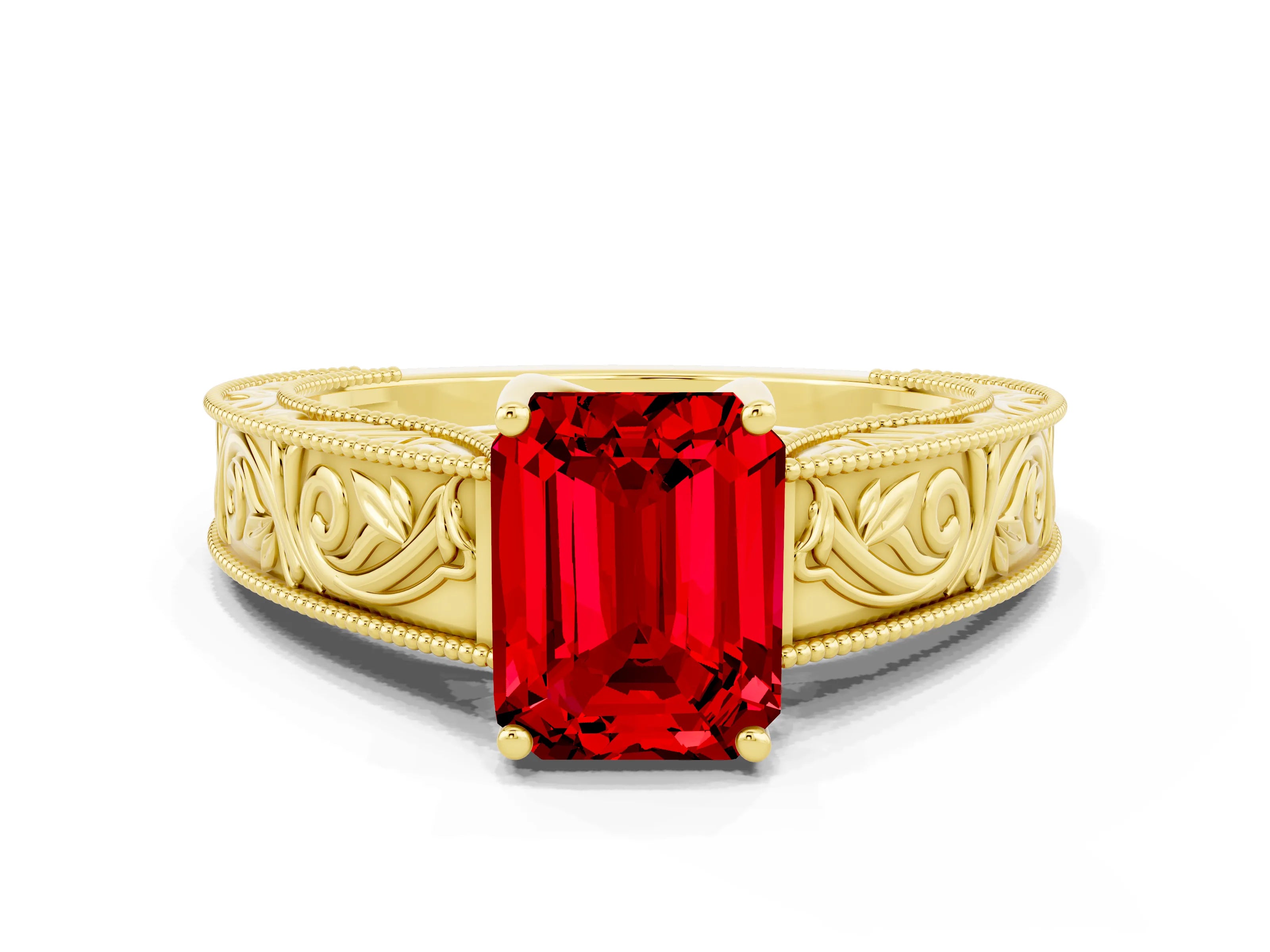 Yellow gold Emerald Cut Ruby Solitaire Ring with Engraved Band and Four-Prong Setting