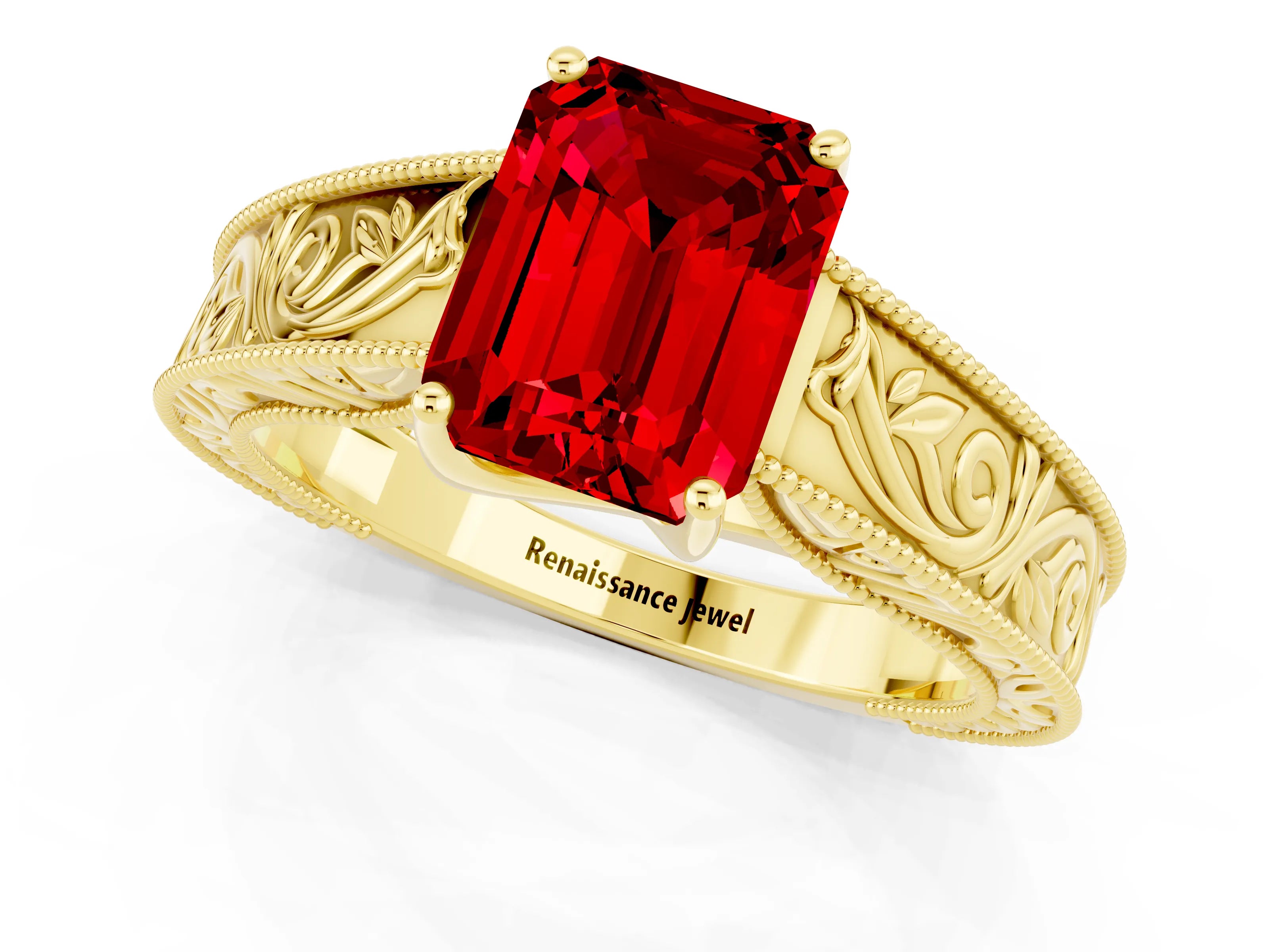 Yellow gold Emerald Cut Ruby Solitaire Ring with Engraved Band and Four-Prong Setting_1