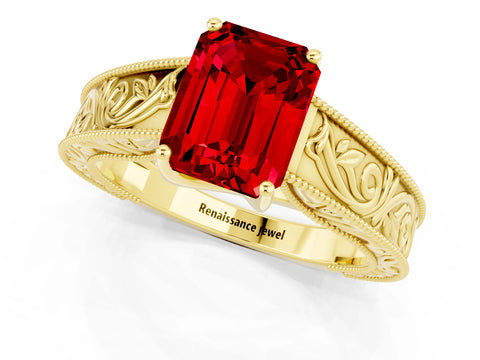 Yellow gold Emerald Cut Ruby Solitaire Ring with Engraved Band and Four-Prong Setting_1