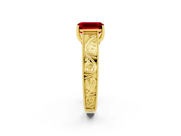 Yellow gold Emerald Cut Ruby Solitaire Ring with Engraved Band and Four-Prong Setting