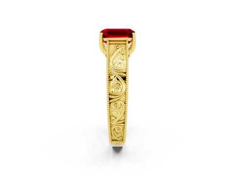 Yellow gold Emerald Cut Ruby Solitaire Ring with Engraved Band and Four-Prong Setting_2