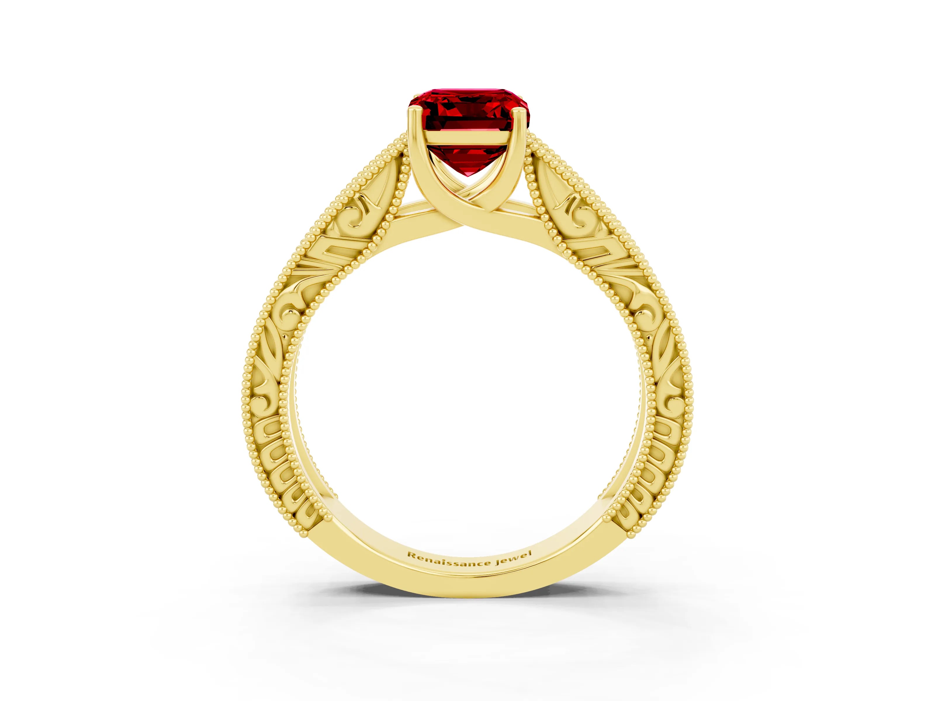 Yellow gold Emerald Cut Ruby Solitaire Ring with Engraved Band and Four-Prong Setting_3