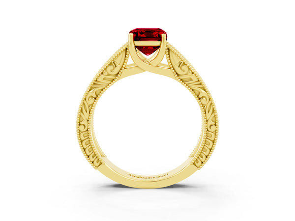Yellow gold Emerald Cut Ruby Solitaire Ring with Engraved Band and Four-Prong Setting