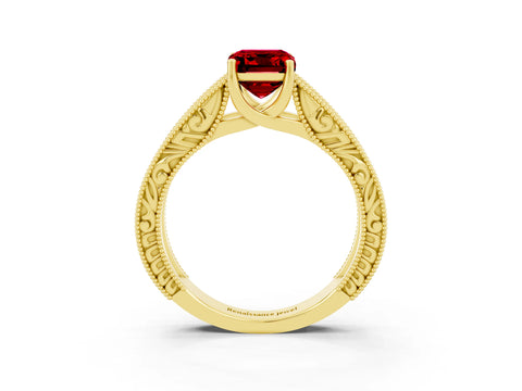 Yellow gold Emerald Cut Ruby Solitaire Ring with Engraved Band and Four-Prong Setting_3