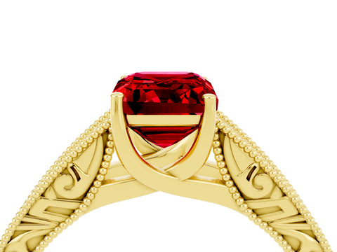 Yellow gold Emerald Cut Ruby Solitaire Ring with Engraved Band and Four-Prong Setting_4