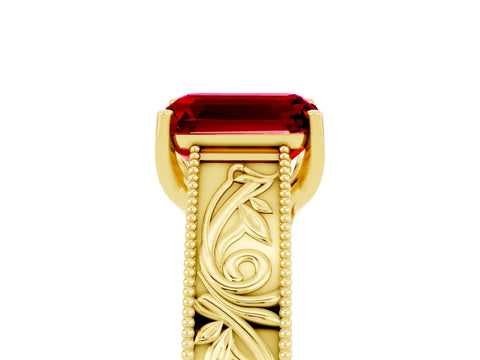 Yellow gold Emerald Cut Ruby Solitaire Ring with Engraved Band and Four-Prong Setting_5