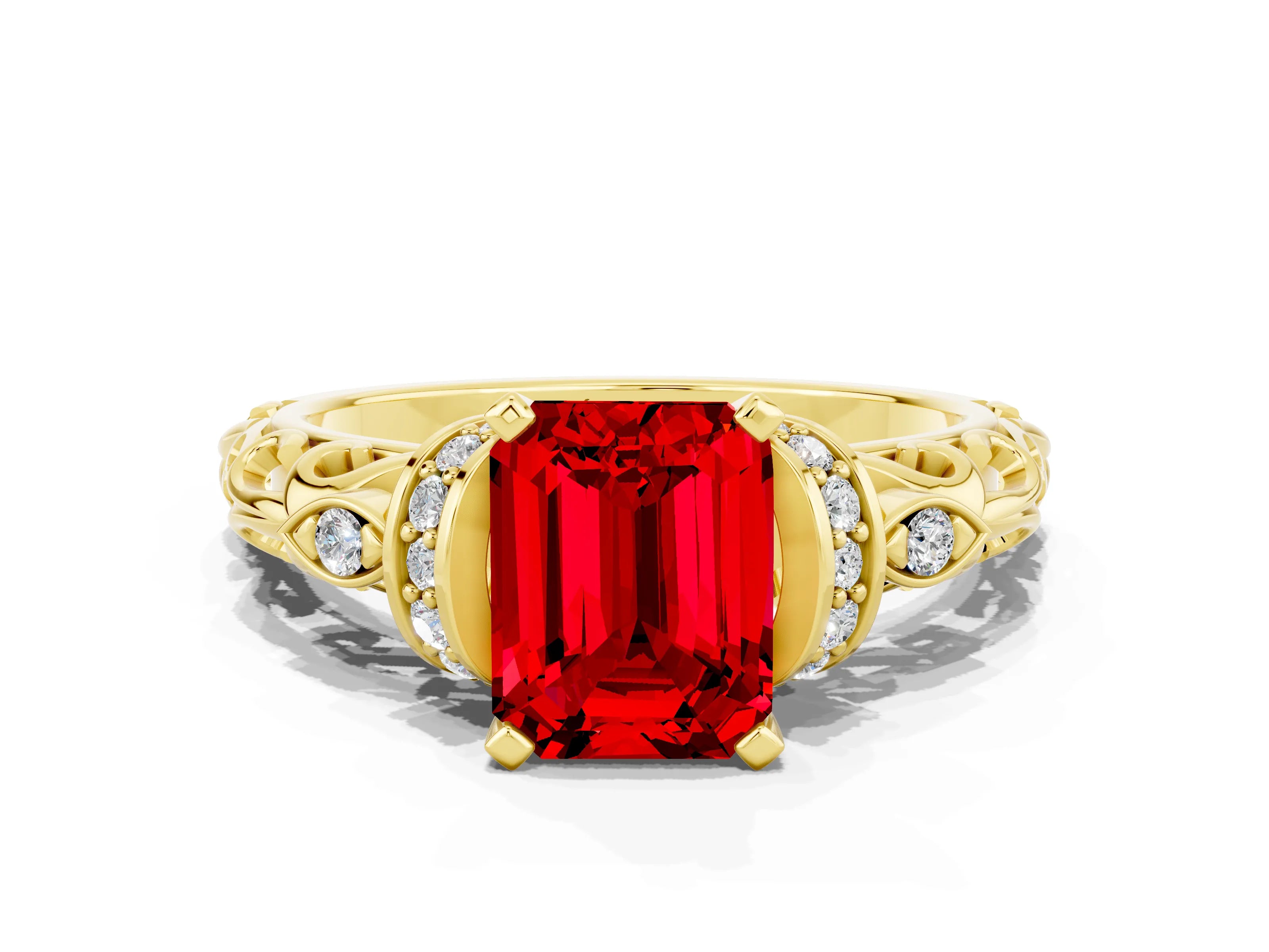Yellow gold Emerald Cut Ruby Solitaire Ring with Filigree Band and Four-Prong Setting_24